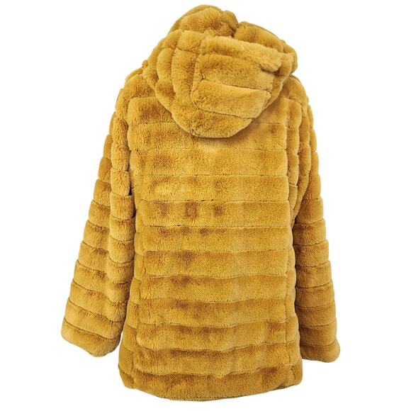 Steve Madden Womens Faux Fur Jacket Size XL Mustard Yellow Fuzzy Front Zip Hood - Picture 5 of 13